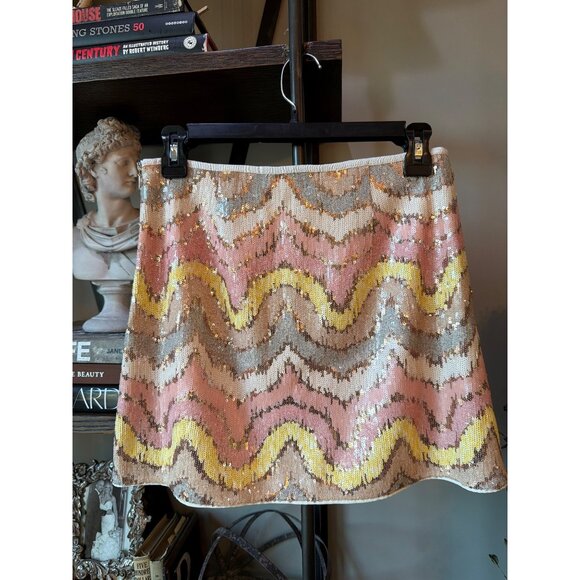 Saylor Sequin Chevron Mini Skirt Pink Nude Gray Womens Size Small - Picture 4 of 6